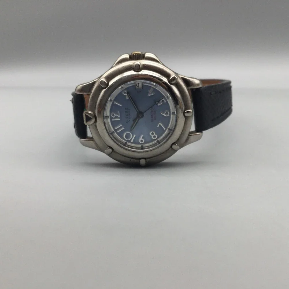 Guess Waterpro Womens Watch 28mm Blue Dial Black Leather 50M New Battery